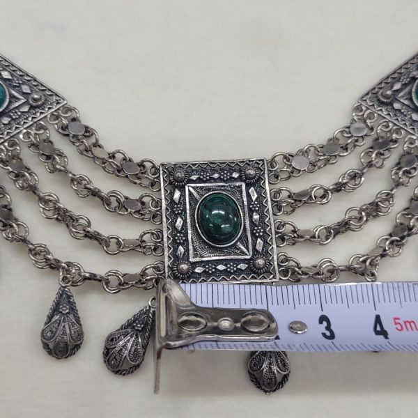 Yemenite jeweler made this very fine vintage Yemenite filigree Elat stone necklace filigree handmade in early 1950's set with 3 cabochon Elat stones.