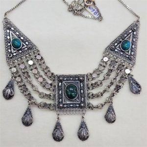 Yemenite jeweler made this very fine vintage Yemenite filigree Elat stone necklace filigree handmade in early 1950's set with 3 cabochon Elat stones.