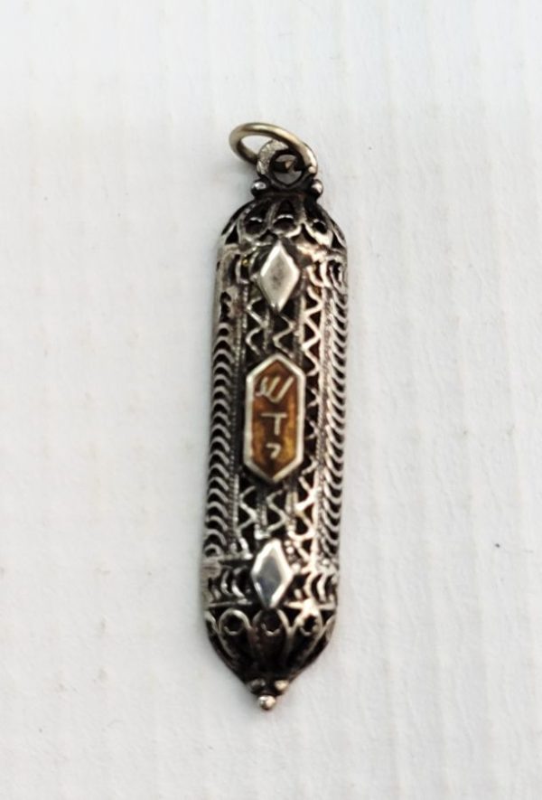 Handmade sterling silver Yemenite Filigree Mezuzah pendant with brown enamel over raised letters Shaddai ( G-D) in Hebrew.