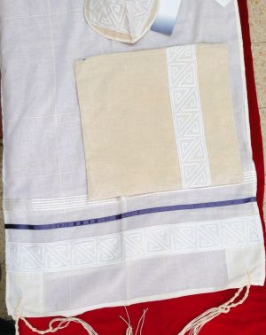 Off white cotton Tallit handmade on borders violet silk strap & collar with embroidery design ,matching design bag & Kippa.