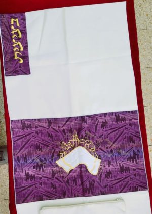 Violet viscose Tallit handmade on borders violet strap with abstract hills surrounding Jerusalem in gold thread & collar with embroidery design.