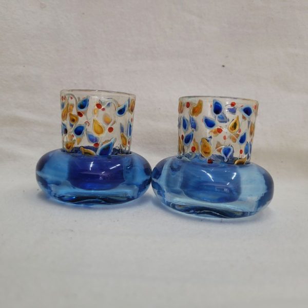 Handmade painted glass Shabbat candleholders original design made by Uriah and hardened in kiln. Dimension diameter 6 cm X 6 cm approximately.