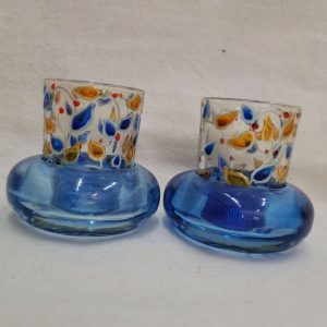 Handmade painted glass Shabbat candleholders original design made by Uriah and hardened in kiln. Dimension diameter 6 cm X 6 cm approximately.