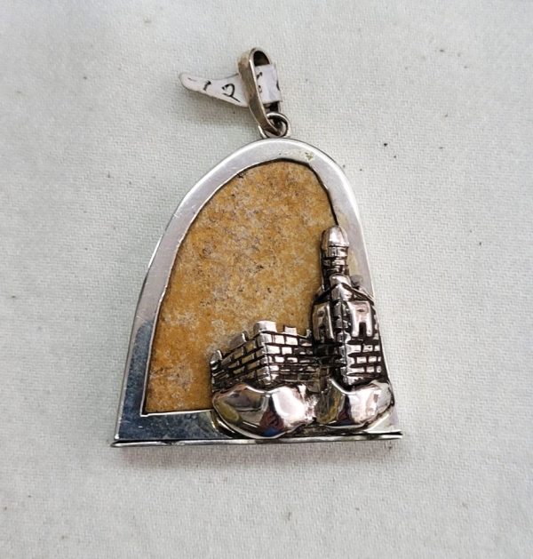 Handmade sterling silver and Jerusalem stone King David tower pendant made by Samy Ghatan Katan. Dimension 3.8 cm X 5 cm X 0.5 cm approximately.