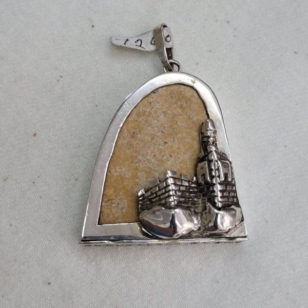 Handmade sterling silver and Jerusalem stone King David tower pendant made by Samy Ghatan Katan. Dimension 3.8 cm X 5 cm X 0.5 cm approximately.