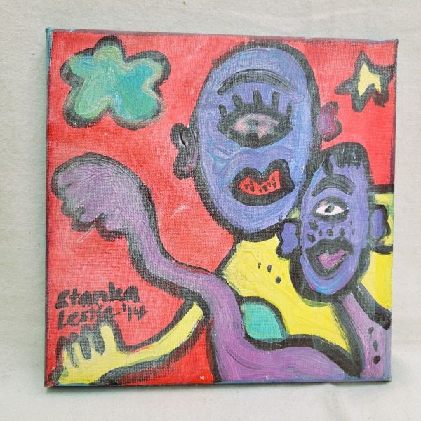 Fine art acryl on canvas two Cyclops expressionism painting by Leslie Stanka, where Cyclop man expresses his love to his beloved. Dimension 20 cm X 20 cm approximately.