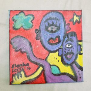 Fine art acryl on canvas two Cyclops expressionism painting by Leslie Stanka, where Cyclop man expresses his love to his beloved. Dimension 20 cm X 20 cm approximately.