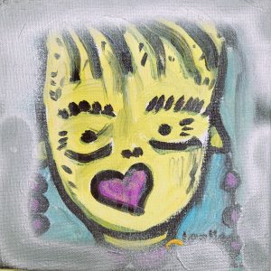 Fine art acryl on canvas Boy inlove expressionism painting by Leslie Stanka, where a young boy recites through his mouth all his love to a girl.