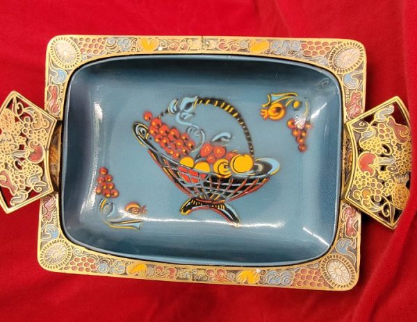 Handmade enameled brass fruit dish vintage enameled made in Israel early 1950's.  A rare and unusual item of that time in good condition.