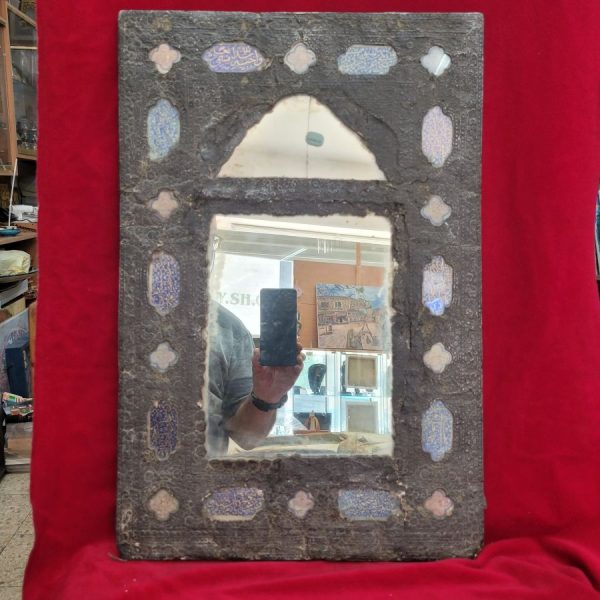 Handmade middle east antique silver crystal mirror with floral engravings around and many Korean quotations with gold ink.