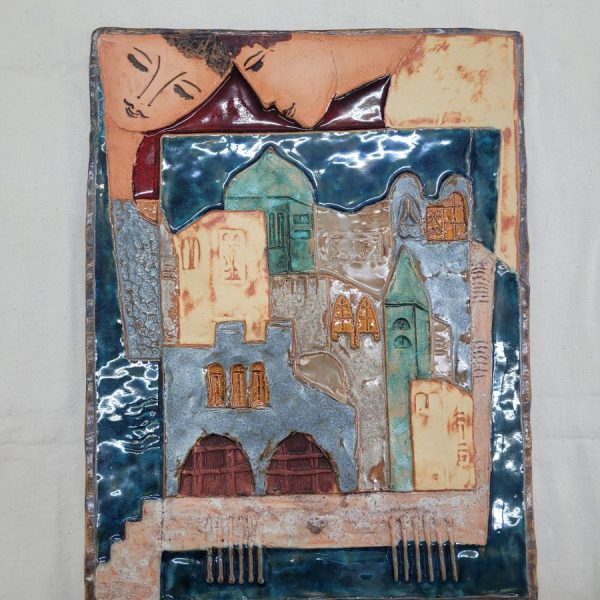 Handmade glazed ceramic tile Peace upon Jerusalem tile glazed ceramic, where David and Jonathan are gazing at peaceful Jerusalem.