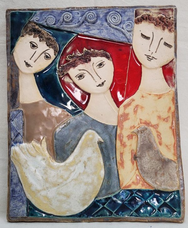 Handmade glazed ceramic by Ruth Faktor tile trio peace treaty, where David , Bathsheba and Jonathan bring their peace offers ( doves) for a lasting peace.