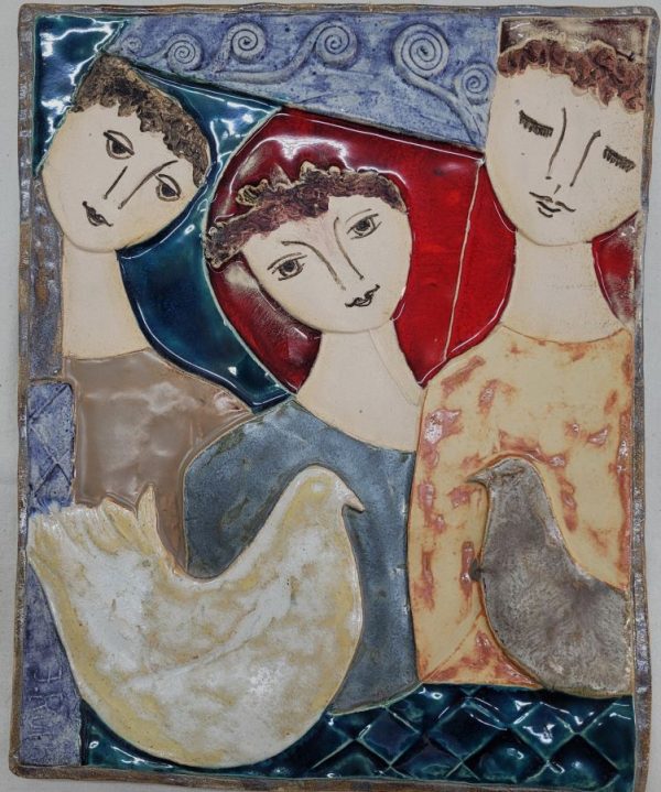 Handmade glazed ceramic by Ruth Faktor tile trio peace treaty, where David , Bathsheba and Jonathan bring their peace offers ( doves) for a lasting peace.