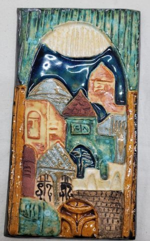 Handmade glazed ceramic rectangular Jerusalem view ceramic tile, a view of Jerusalem eternal capital city through window.