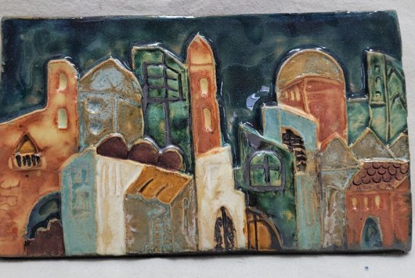 Handmade glazed ceramic tile Jerusalem view rectangular shape, a view of Jerusalem eternal capital city typical old structure houses.