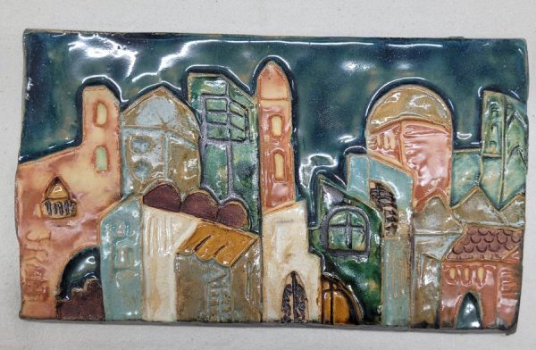 Handmade glazed ceramic tile Jerusalem view rectangular shape, a view of Jerusalem eternal capital city typical old structure houses.