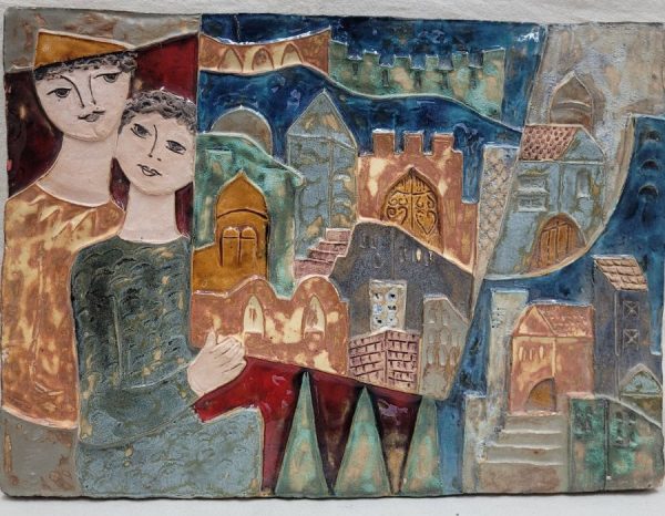 Handmade glazed ceramic tile admiring David city tile Jerusalem view rectangular shape, a view of Jerusalem eternal capital city.