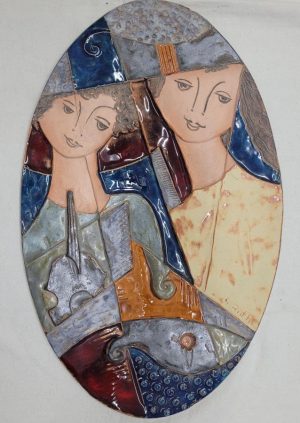 Handmade glazed ceramic oval tile loving couple together & King David plays violin to Bathsheba. Dimension 31.5 cm X 50 cm approximately.