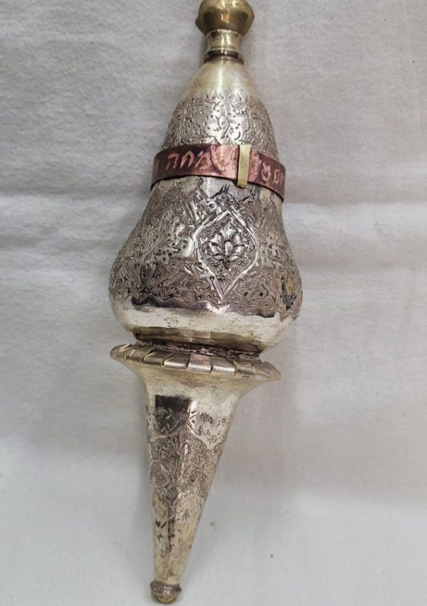 The engravings on vintage brass silver plated Purim ratchet Grogger brass and copper are handmade & hammered showing floral and geometric designs.