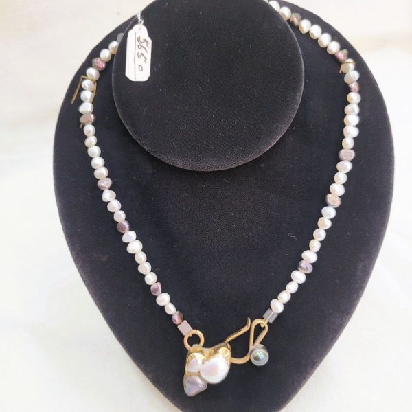 Handmade sterling silver & 14 carat gold choker Black white pearl necklace contemporary set with multi colored genuine pearls.