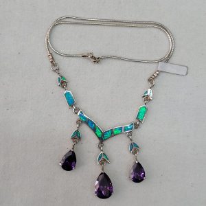 Handmade sterling silver Amethyst and Opal necklace contemporary set with dangling Amethysts. Dimension choker length 40 cm approximately.