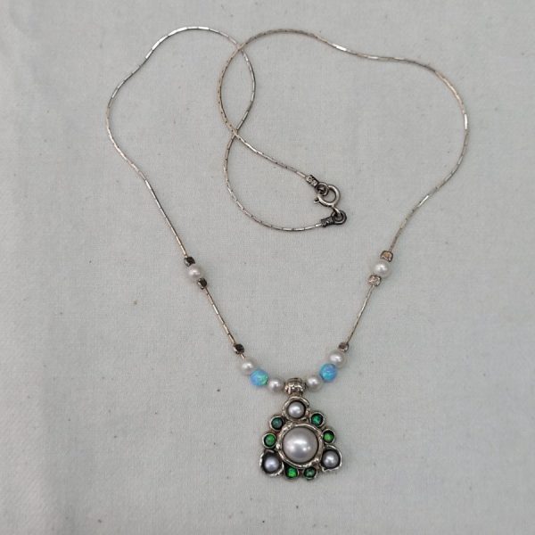 Handmade sterling silver Pearl and Opal necklace contemporary with dangling triangle set pendant pearls and opals, choker length 42 cm approximately.