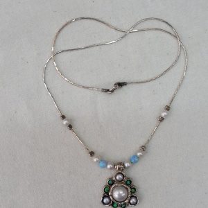 Handmade sterling silver Pearl and Opal necklace contemporary with dangling triangle set pendant pearls and opals, choker length 42 cm approximately.