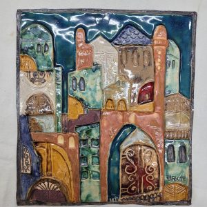 Handmade glazed ceramic Eternal Jerusalem city tile, where the golden gate will reopen for the coming of Messiah for ever.