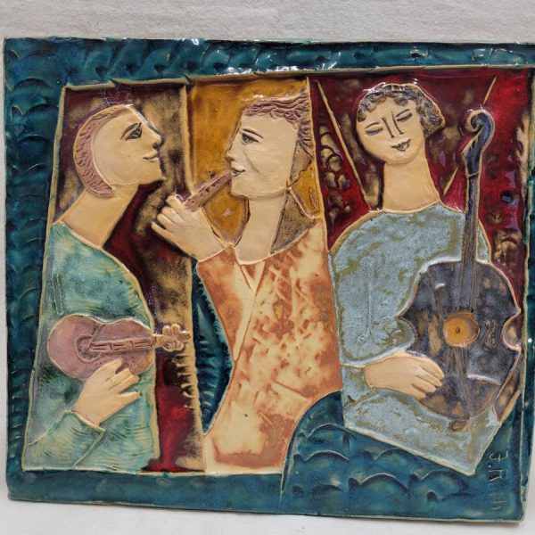 Handmade glazed ceramic tile musical trio by Ruth Factor where Jonathan & King David are playing the violin & flute while Bathsheba plays with guitar.