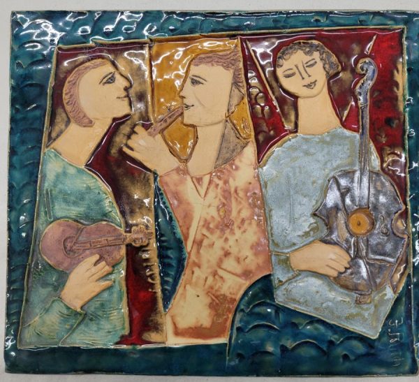 Handmade glazed ceramic tile musical trio by Ruth Factor where Jonathan & King David are playing the violin & flute while Bathsheba plays with guitar.