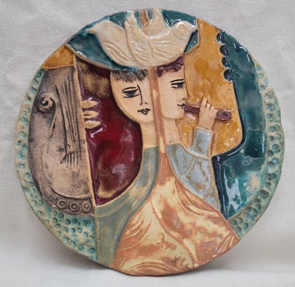 Handmade glazed ceramic best friends ceramic tile by Ruth Factor shows the true and pure friendship between David and Jonathan with their peace doves.