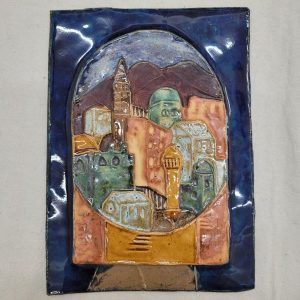 Handmade glazed ceramic Jerusalem houses rectangular tile city of Jerusalem with its different ages structures. Dimension 14.5 cm X 20 cm approximately.
