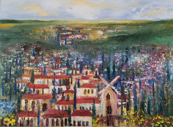 Jerusalem Mishkenot Shaananim painting is painted so skillfully in an abstract style that one can recognize the neighborhood immediately.