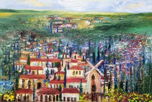 Jerusalem Mishkenot Shaananim painting is painted so skillfully in an abstract style that one can recognize the neighborhood immediately.