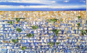 Jerusalem western wall painting painting is painted so skillfully in an abstract style that one can recognize the neighborhood immediately.