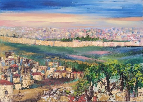 Jerusalem golden gate painting is painted so skillfully in an abstract style that one can recognize the neighborhood viewed from mount of olive.