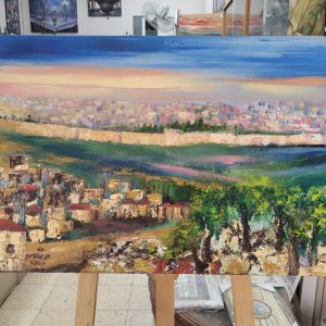 Jerusalem golden gate painting is painted so skillfully in an abstract style that one can recognize the neighborhood viewed from mount of olive.