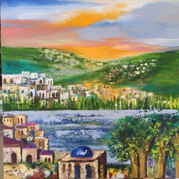 Tiberias sea of Galilee painting is painted so skillfully in an abstract impressionism style that one can recognize the neighborhood immediately.