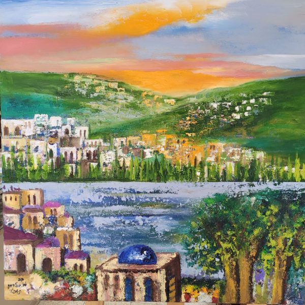 Tiberias sea of Galilee painting is painted so skillfully in an abstract impressionism style that one can recognize the neighborhood immediately.