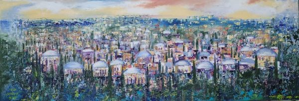 Jerusalem panorama abstract painting is painted so skillfully in an abstract impressionism style that one can recognize the neighborhood immediately.