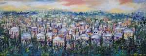 Jerusalem panorama abstract painting is painted so skillfully in an abstract impressionism style that one can recognize the neighborhood immediately.