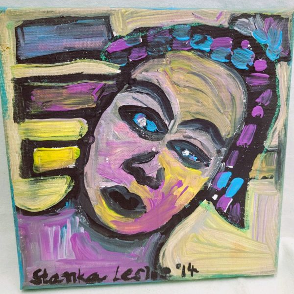 Fine art acryl on canvas vivid girl expressionism Queen of beauty painting by Leslie Stanka. A young girl made herself beautiful for her beloved.