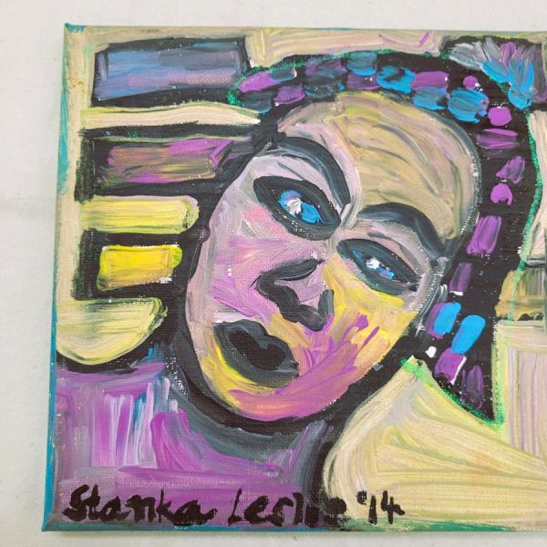 Fine art acryl on canvas vivid girl expressionism Queen of beauty painting by Leslie Stanka. A young girl made herself beautiful for her beloved.