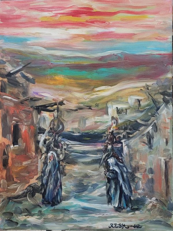 Reznikov skillfully designs the pilgrim's emotions while he walks into the main street of Nazareth in Impressionism painting Nazareth Illit.