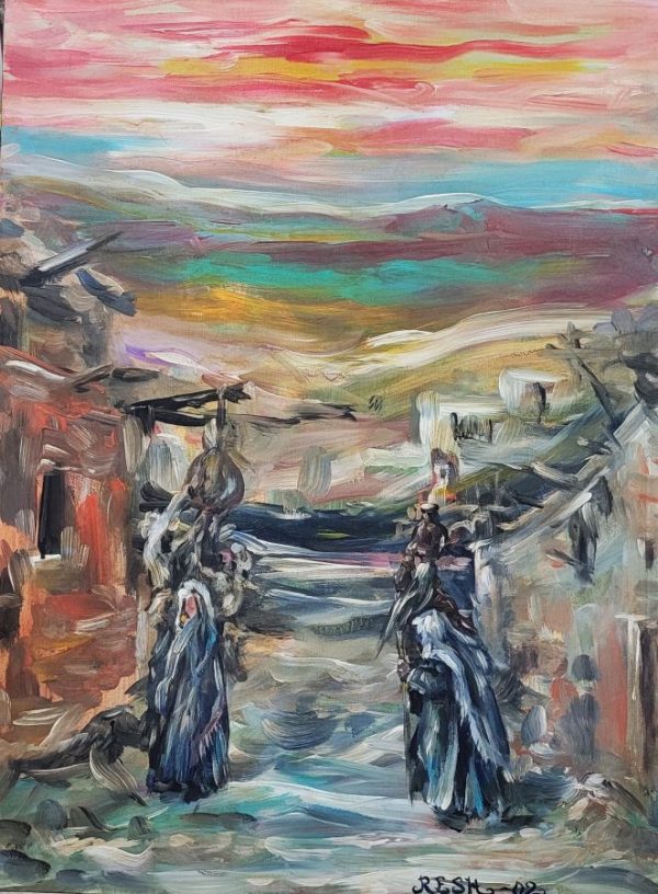 Reznikov skillfully designs the pilgrim's emotions while he walks into the main street of Nazareth in Impressionism painting Nazareth Illit.