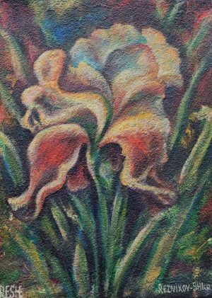 Reznikov skillfully expresses in iris impressionism oil painting the beauty of the natural flower and its colors. Dimension  40 cm X 50 cm approximately.