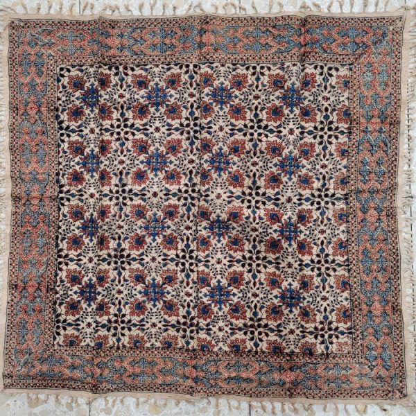 Handmade square Qalamkari cotton tablecloth, where are beautiful because of the different flowers and geometrics skillfully used.  