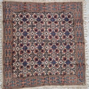Handmade square Qalamkari four flower pattern cotton tablecloth, where are beautiful designs because of the different flowers and geometrics.