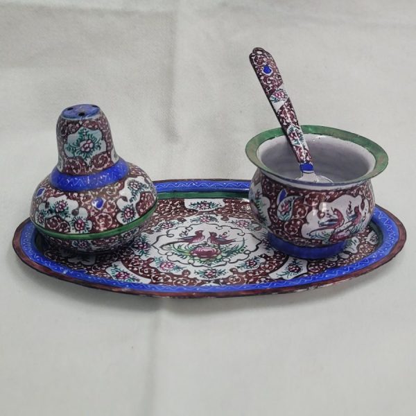 Handmade salt'n pepper enameled dish suitable for Sabbath diner ceremony made by new emigrant to Israel 1960's 3.2 cm X 10.5  cm X 6.2 cm approximately.
