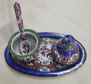 Handmade salt'n pepper enameled dish suitable for Sabbath diner ceremony made by new emigrant to Israel 1960's 3.2 cm X 10.5  cm X 6.2 cm approximately.